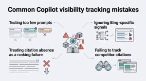 Infographic on common Copilot visibility tracking mistakes, detailing testing too few prompts, ignoring Bing-specific signals, treating citation absence as a ranking failure, and failing to track competitor citations.