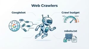 B2B technical educational infographic titled 'Web Crawlers' illustrating how Googlebot discovers content across web links while governed by crawl budget limits and robots.txt server protocols around a central robot crawler