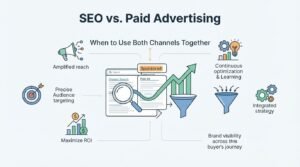B2B educational infographic titled 'SEO vs. Paid Advertising' illustrating how to use both channels together across search engine results and conversion funnels