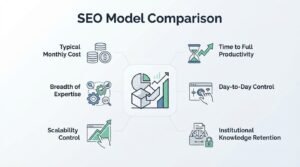 Infographic on SEO model comparison, detailing typical monthly cost, time to full productivity, day-to-day control, institutional knowledge retention, scalability control, and breadth of expertise