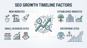 B2B educational infographic titled 'SEO GROWTH TIMELINE FACTORS' categorizing ranking speed across four website stages: New Websites, Established Websites, Small Business Sites, and Enterprise Sites around a central growth compass and diagnostic target