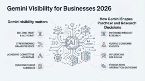 Infographic on Gemini visibility for businesses 2026, detailing building trust & authority, strengthening brand presence, achieving competitive advantage, reaching target audiences, informing product research, guiding consumer choices, influencing B2B buying, and streamlining information gathering.