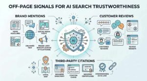Infographic on off-page signals for AI search trustworthiness, detailing brand mentions including news headlines, unlinked text, social media posts, and brand logos across platforms, customer reviews on review websites, and third-party citations including local maps, business directories, citation cards with name, address, and phone NAP data, industry certificates, and synchronized data links.