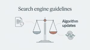 Infographic on search engine guidelines and algorithm updates, represented with a balance scale graphic