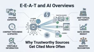 B2B technical educational infographic titled 'E-E-A-T and AI Overviews' detailing how trusted sources are cited more often by AI systems, highlighting proven expertise, content freshness, verifiable information, deep topical authority, data-driven insights, and industry recognition