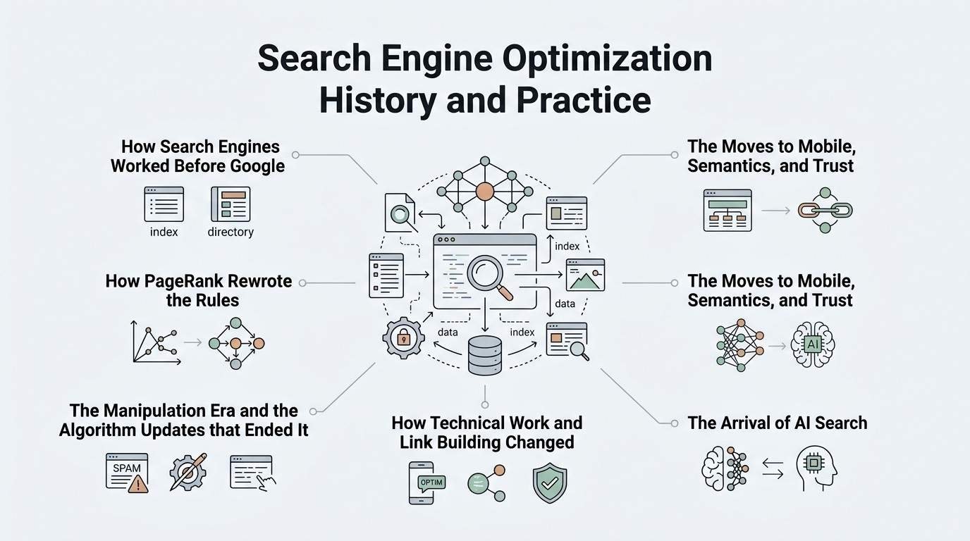 Infographic on search engine optimization history and practice, covering how search engines worked before Google, PageRank, the manipulation era, technical work changes, the move to mobile and semantics, and the arrival of AI search