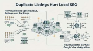 Infographic titled 'Duplicate Listings Hurt Local SEO' illustrating how duplicates split review power and ranking signals on the left, and how slight address and operational discrepancies confuse Google's local algorithm on the right.