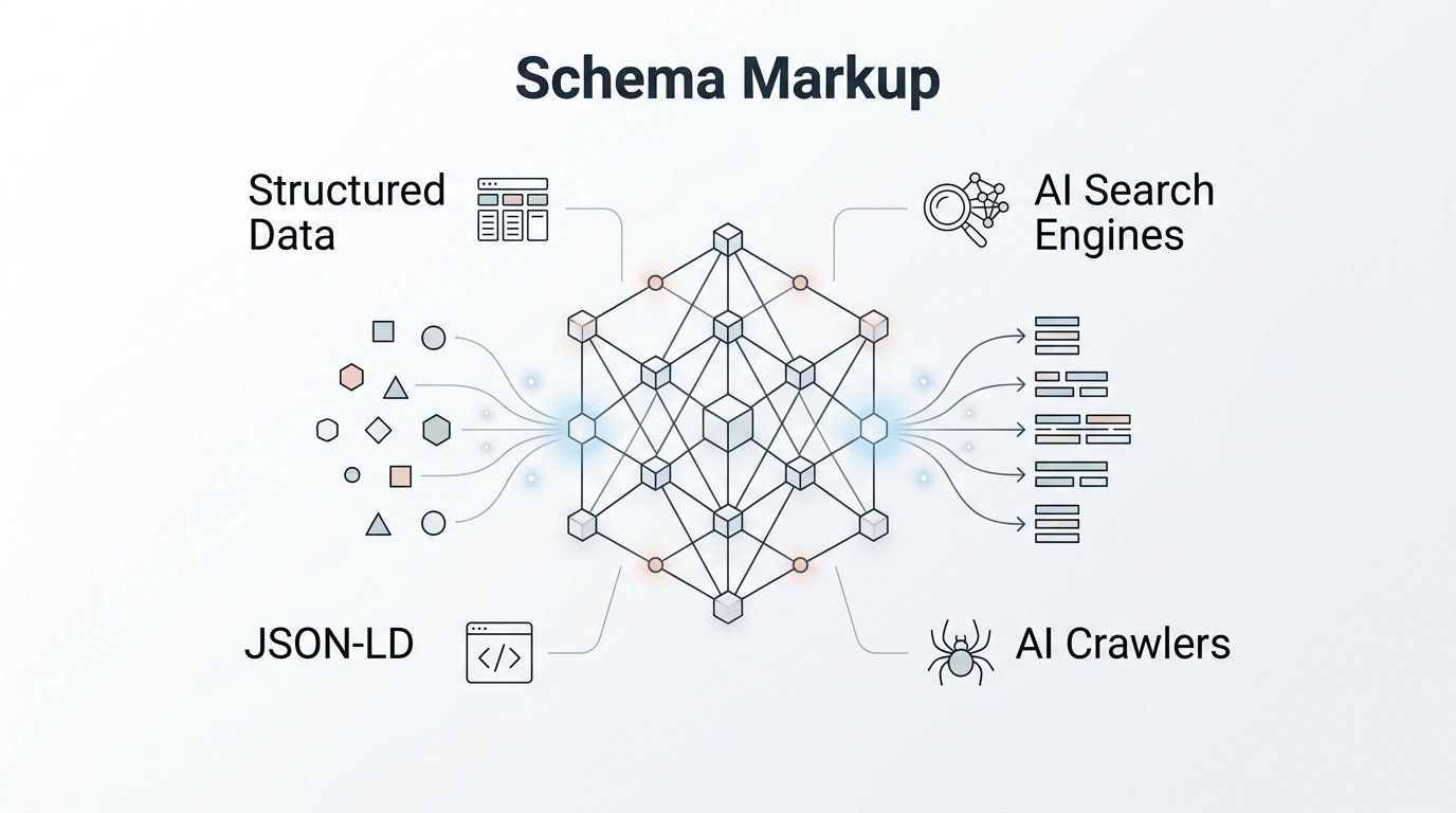 Infographic on schema markup, detailing structured data, JSON-LD, AI crawlers, and AI search engines.