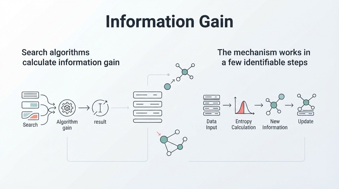 B2B corporate technical infographic titled 'Information Gain' detailing how search algorithms calculate information gain scores and processing steps—from data input and entropy calculation to new information scoring and index updates—around a central document server stack and entity node clusters