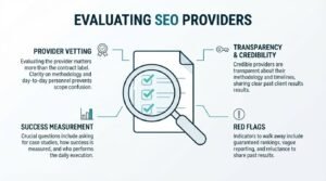 Infographic titled 'Evaluating SEO Providers' featuring a central checklist document viewed through a magnifying glass, outlining key vetting criteria across four quadrants: provider vetting, transparency and credibility, success measurement, and red flags to avoid