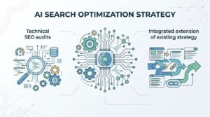 Infographic on AI search optimization strategy, detailing technical SEO audits and an integrated extension of existing strategy.