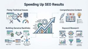 B2B educational infographic titled 'Speeding Up SEO Results' mapping four key ranking accelerators-Fixing Technical Issues, Building Genuine Backlinks, Comprehensive Content, and Keyword Research-around an ascending performance chart and gear engine.