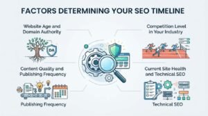 B2B educational infographic titled 'FACTORS DETERMINING YOUR SEO TIMELINE' detailing four core ranking variables: Website Age and Domain Authority, Competition Level in Your Industry, Content Quality and Publishing Frequency, and Current Site Health and Technical SEO around a central audit and security mechanism