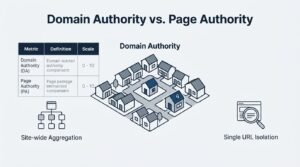 B2B technical educational infographic titled 'Domain Authority vs. Page Authority' featuring a comparison table, a neighborhood cluster representing Domain Authority and site-wide aggregation, and a browser search icon representing Page Authority and single URL isolation
