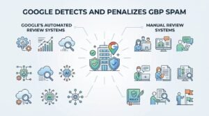 Infographic titled 'Google Detects and Penalizes GBP Spam' illustrating Google's automated review systems on the left and manual review systems on the right, centered around a building icon with security shields and a Google map marker.