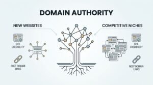 B2B technical educational infographic titled 'DOMAIN AUTHORITY' contrasting new websites with competitive niches, highlighting site credibility and root domain links around a central branching tree network model