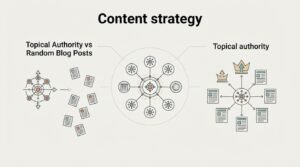 B2B educational infographic titled 'Content strategy' contrasting disorganized, random blog posts with structured topical authority clusters connected to a central topic hub and crown authority rankings