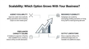 Educational comparison infographic titled 'Scalability: Which Option Grows With Your Business?' centered on an ascending growth chart with an upward-pointing arrow, contrasting agency scalability and resource flexibility against freelancer capacity ceilings and output limitations