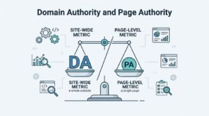 B2B technical educational infographic titled 'Domain Authority and Page Authority' using a scale balance metaphor to compare Domain Authority (DA) as a site-wide metric for a whole website against Page Authority (PA) as a page-level metric for a single page