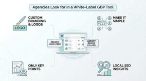 Infographic titled 'Agencies Look for in a White-Label GBP Tool' illustrating four key features: custom branding and logos, make it simple, only key points, and local SEO insights surrounding a central white-label dashboard interface.