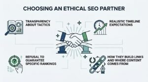 Infographic on choosing an ethical SEO partner, detailing transparency about tactics, realistic timeline expectations, refusal to guarantee specific rankings, and clear processes for link building and content creation