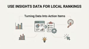 Infographic on using insights data for local rankings, illustrating the process of turning performance data into actionable items, checklists, analytics charts, and optimization strategies.