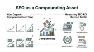Infographic on SEO as a compounding asset, illustrating how organic search compounds over time and how to measure SEO ROI beyond traffic through revenue, lead generation, brand authority, and customer lifetime value