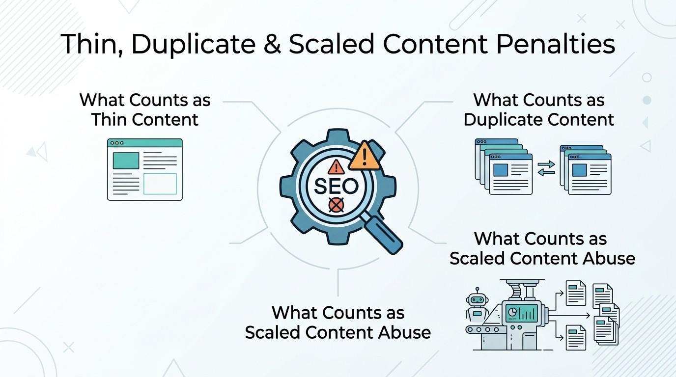 Infographic titled 'Thin, Duplicate & Scaled Content Penalties' illustrating what counts as thin content on the left, what counts as duplicate content on the top right, and what counts as scaled content abuse on the bottom, surrounding a central SEO gear and magnifying glass icon.
