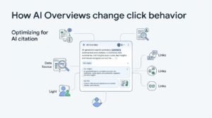 Infographic on how AI Overviews change click behavior, detailing optimizing for AI citation, data sources, and user link interaction within AI-generated search summaries