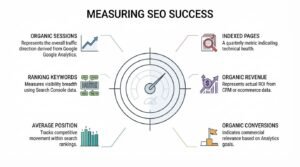 Educational infographic titled 'Measuring SEO Success' centered on a circular gauge speedometer with a target reticle, breaking down six core organic performance metrics: organic sessions, ranking keywords, average position, indexed pages, organic revenue, and organic conversions