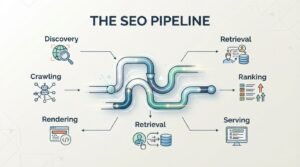 Primary Alt Text B2B technical educational infographic titled 'THE SEO PIPELINE' mapping the end-to-end search engine architecture lifecycle-Discovery, Crawling, Rendering, Retrieval, Ranking, and Serving-around an interconnected, glowing curved industrial pipeline conduit.