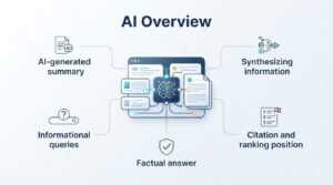 B2B technical educational infographic titled 'AI Overview' illustrating the mechanics of generative search engines, detailing AI-generated summary, Informational queries, Synthesizing information, Citation and ranking position, and Factual answer around a central AI neural processor desktop interface