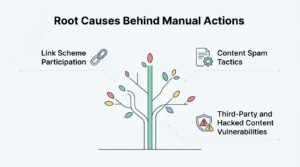 Infographic titled 'Root Causes Behind Manual Actions' illustrating link scheme participation on the top left, content spam tactics on the top right, and third-party and hacked content vulnerabilities on the bottom right, surrounding a central tree diagram with multi-colored leaves.