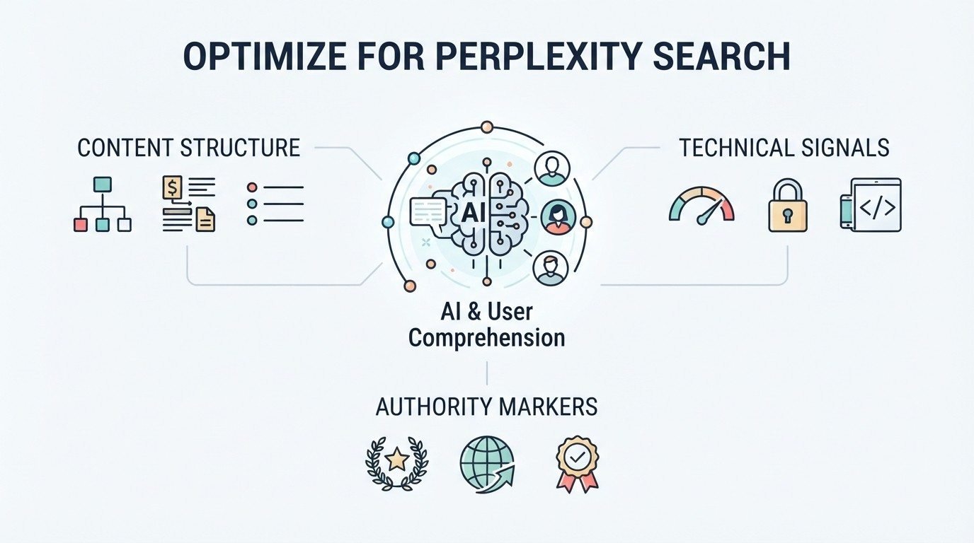 Infographic on how to optimize for Perplexity search, detailing content structure, technical signals, AI and user comprehension, and authority markers