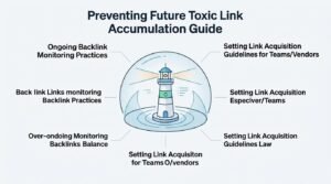 Infographic titled 'Preventing Future Toxic Link Accumulation Guide' illustrating ongoing backlink monitoring practices on the left and setting link acquisition guidelines for teams and vendors on the right, surrounding a central lighthouse and dome security icon.