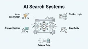 Infographic on AI search systems, detailing novel information, answer engines, original data, specificity, and citation logic.