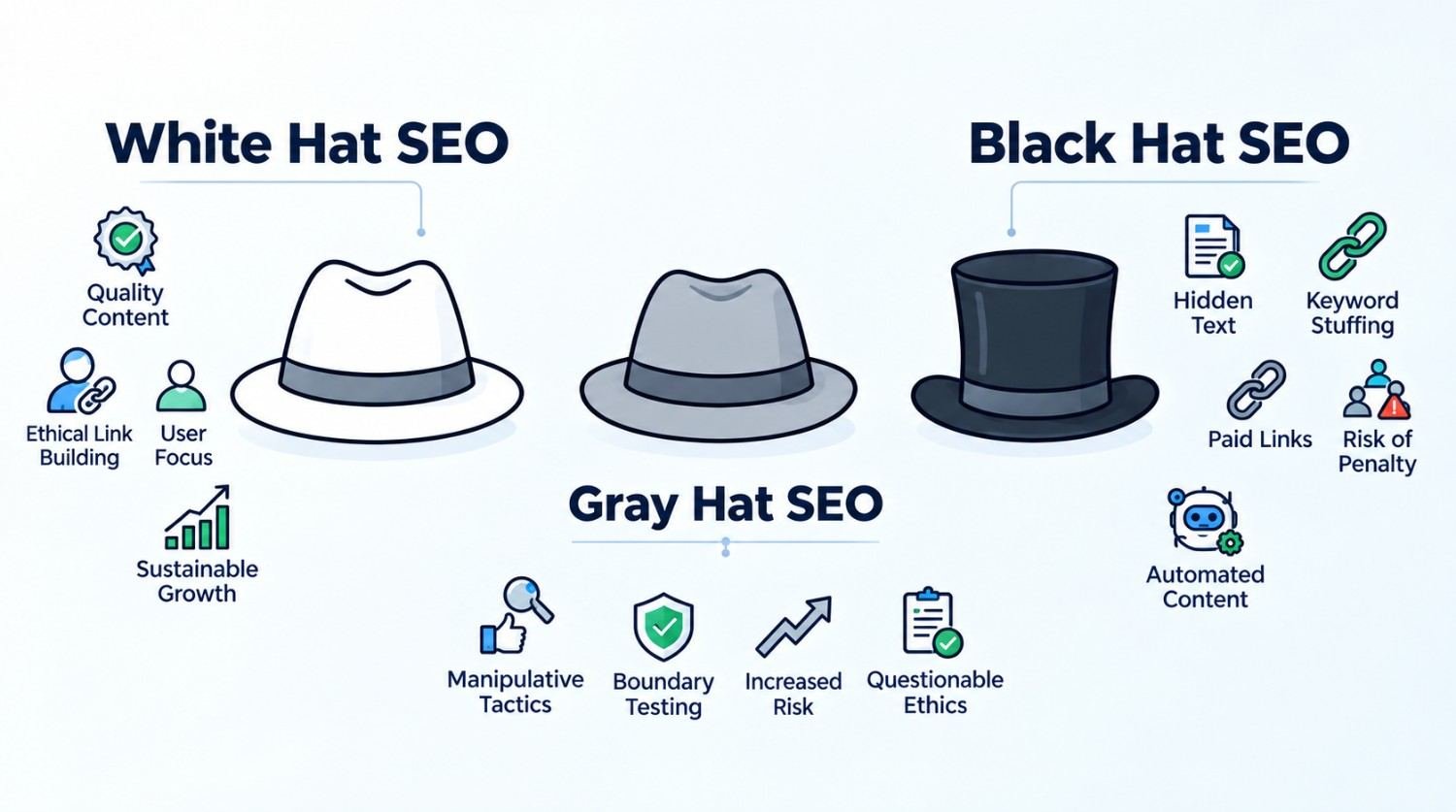 B2B educational marketing infographic comparing White Hat SEO, Gray Hat SEO, and Black Hat SEO methodologies, visualized through a white fedora, gray fedora, and dark top hat flanked by their associated optimization tactics, risk profiles, and ethical standards