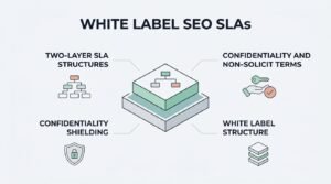 Infographic on white label SEO SLAs, covering two-layer SLA structures, confidentiality and non-solicit terms, confidentiality shielding, and white label structures
