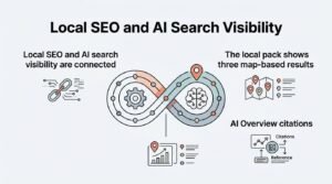 Infographic titled 'Local SEO and AI Search Visibility' illustrating four core concepts: local SEO and AI search visibility are connected, the local pack shows three map-based results, AI Overview citations, and ranking performance surrounding a central infinity loop diagram.