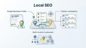 B2B educational technical infographic titled 'Local SEO' detailing Google Business Profile management, citation consistency across verified directories, and multi-location business architecture around a central isometric digital map with geolocation pins, route navigation, and a compass rose