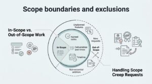 Infographic illustrating scope boundaries and exclusions, distinguishing in-scope work (agreed tasks, deliverables, and timelines) from out-of-scope work (unplanned features, new requests, and non-essential additions) and how to handle scope creep requests