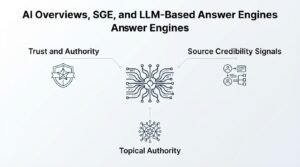 Infographic on AI overviews, SGE, and LLM-based answer engines, detailing trust and authority, source credibility signals, and topical authority.