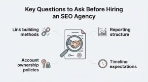 Infographic on key questions to ask before hiring an SEO agency, covering link building methods, account ownership policies, timeline expectations, and reporting structures