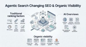Infographic on agentic search changing SEO and organic visibility, detailing traditional ranking factors on the left, AI overviews on the right, and organic visibility listings at the bottom.