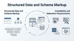 Infographic on structured data and schema markup, detailing schema types like organization, article, product, review, and event, alongside crawlability and indexation requirements.