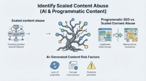 Infographic titled 'Identify Scaled Content Abuse (AI & Programmatic Content)' illustrating scaled content abuse and flooding search results on the left, a central network tree graphic, programmatic SEO versus scaled content abuse contrasting legitimate data-driven pages against manipulative or excessive ones on the right, and AI-generated content risk factors at the bottom covering a lack of originality, factual inaccuracies, and potential penalties.