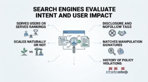 Infographic showing how search engines evaluate intent and user impact, covering whether content serves users or rankings, scales naturally, uses disclosure tags, matches manipulation signatures, and tracks policy violations