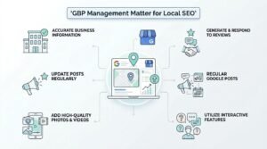 Infographic titled 'GBP Management Matter for Local SEO' illustrating how an optimized profile influences local rankings through accurate business information, generating and responding to reviews, regular Google posts, utilizing interactive features, adding high-quality photos and videos, and updating posts regularly.
