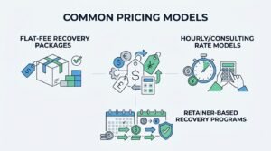 Infographic titled 'Common Pricing Models' illustrating flat-fee recovery packages on the left, hourly/consulting rate models on the top right, and retainer-based recovery programs on the bottom, surrounding a central currency and calculator graphic.