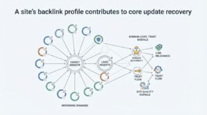 Infographic titled 'A site's backlink profile contributes to core update recovery' illustrating multiple referring domains pointing to a target website on the left, alongside domain authority, domain-level trust signals, link relevance, trust flow, and site quality signals on the right.